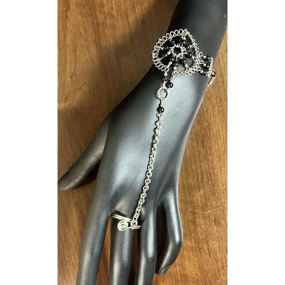 Black Beads and Alpaca Silver Slave Bracelet From Perú
